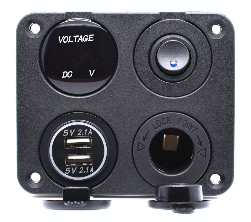 Cllena Dual USB Socket Charger 2.1A&2.1A + LED Voltmeter + 12V Power Outlet + ON-OFF Toggle Switch Four Functions Panel for Car Boat Marine RV Truck Camper Vehicles GPS Mobiles (Blue) - Image 2